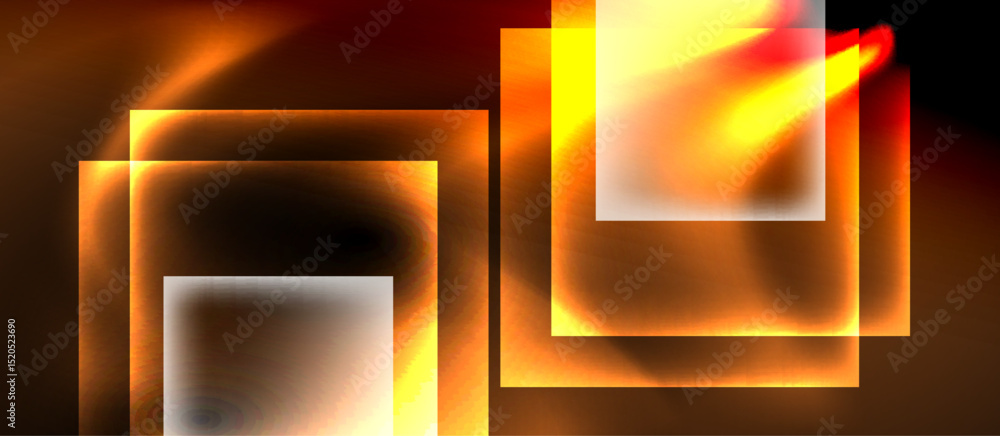 Poster bright squares overlap, creating fiery glow. warm colors dominate dark background. abstract design e