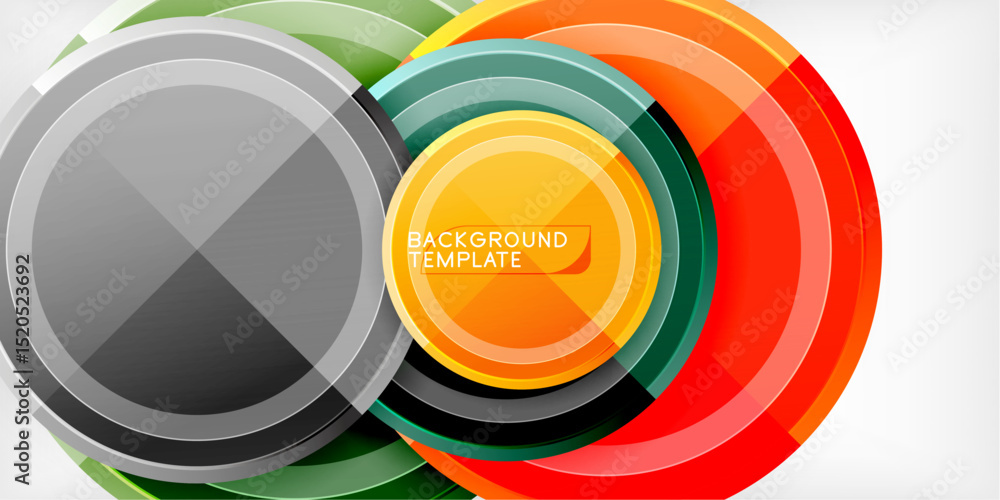 Poster Abstract circles overlap, creating vibrant color gradients. Design features glossy texture, modern aesthetic. Background template for various projects.