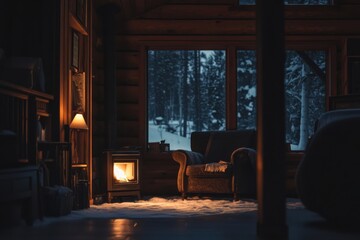 Cozy winter cabin interior with a wood stove and snowy landscape outside.