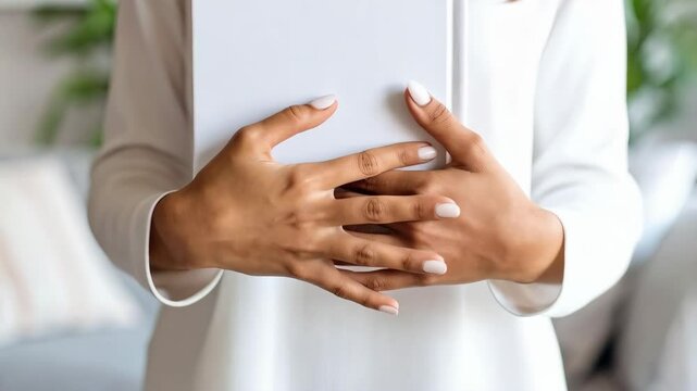 Woman holding a white hardcover book in a bright modern living room setting, showcasing blank cover space for potential branding or personalization.