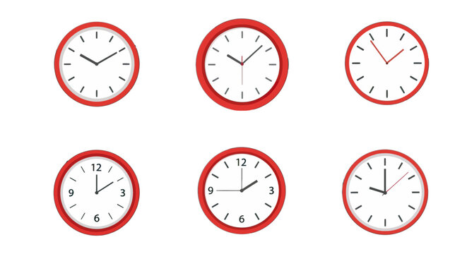 Wall clock different time showing simple design white face red frame
