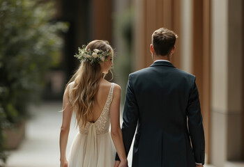 young couple stands hand-in-hand gazing into the distance.