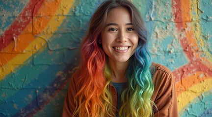 young woman smiles brightly against a vibrant multicolored mural.