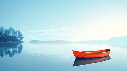 Peaceful lake scene with a solitary red boat.