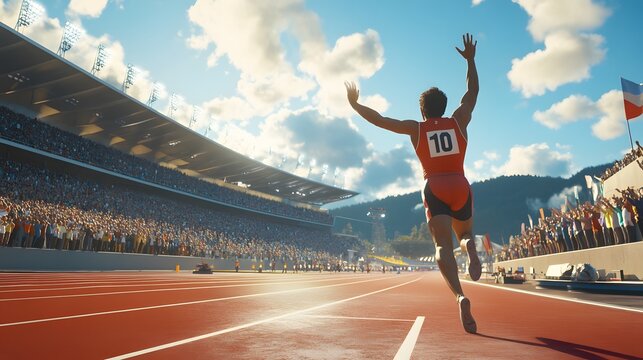 Victorious runner celebrates in a stadium.