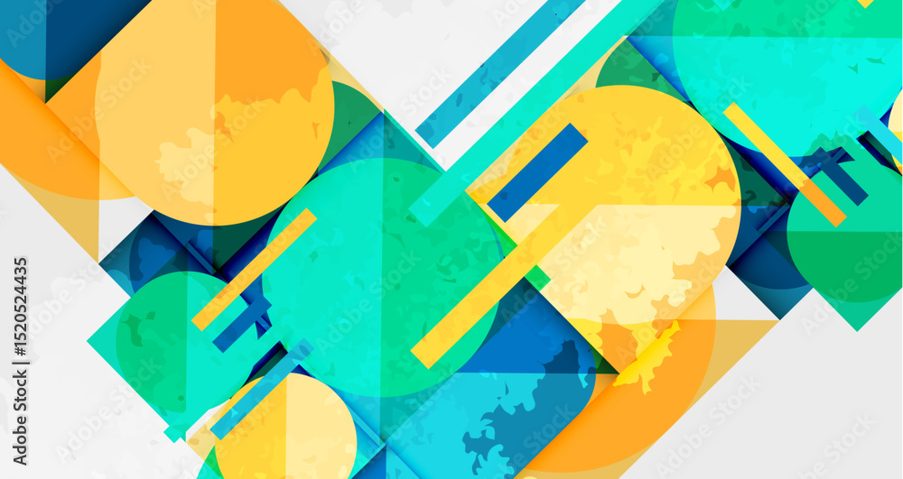 Aufkleber Abstract geometric composition. Overlapping shapes, circles, rectangles create dynamic visual texture. Bright colors dominate design.