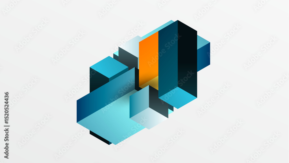 Poster isometric design features stacked blocks. blue, orange hues create depth, shadows. minimalist style,