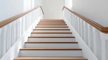 White staircase with wooden trim and banister.