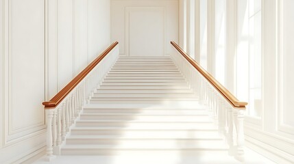 Fototapeta premium White staircase with wooden handrail in a sunlit interior.