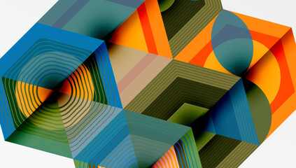 Abstract geometric composition. Overlapping shapes create dynamic visual effect. Lines suggest depth, texture, movement. Bright colors dominate.