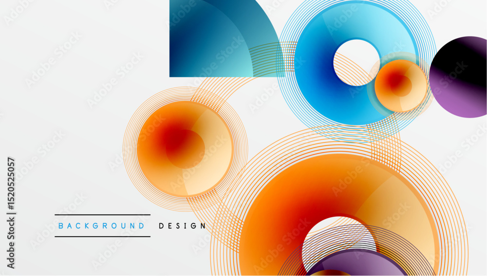 Poster Abstract colorful circles, lines create dynamic background. Modern design elements overlap, forming vibrant composition.