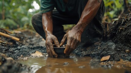 Close up of sustainable gold mining alternatives using eco-friendly extraction techniques, water-efficient practices, non-toxic chemicals, and ethical labor for reducing environmental impact