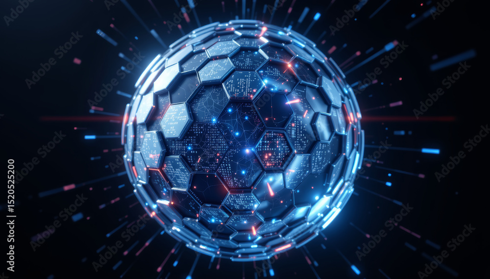 Poster abstract tech globe with metallic hexagons and glowing lights, representing digital connectivity and