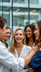 Naklejka premium Group of women celebrating success with smiles and laughter, showcasing teamwork and joy in modern office setting