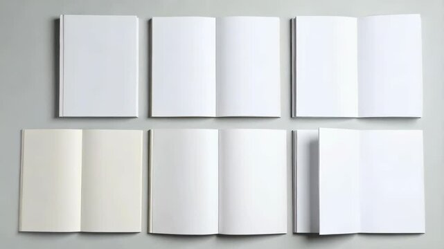 Six arranged blank books with empty pages, closed and opened, on neutral light gray surface for mockups or designs display - Powered by Adobe