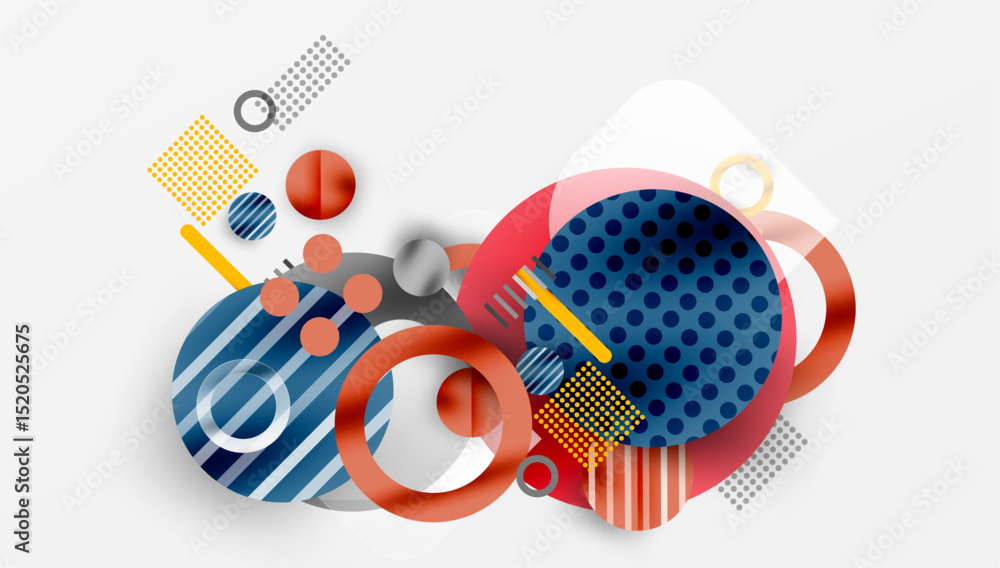 Poster abstract geometric shapes overlap. circles, squares, lines create dynamic composition. colors includ