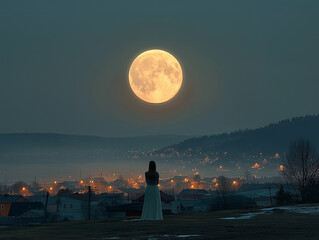 silhouette of a woman in the moonlight towards the town in sleep