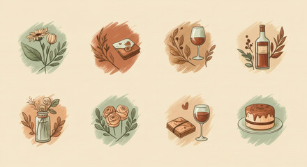 Charming Floral and Food Illustrations Vintage Style Icons for Design Projects