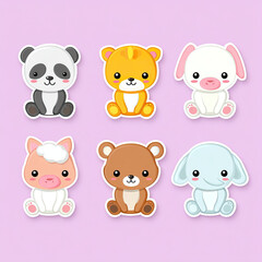 Cute baby animal icons in pastel colors on purple background