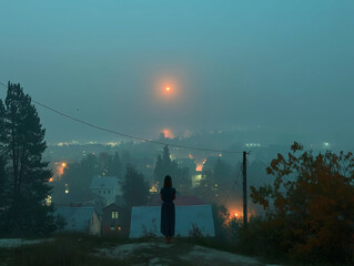 silhouette of a woman in the moonlight standing the town in sleep