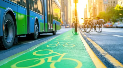 Close up of sustainable public transportation solutions including electric buses, bike-sharing programs, and green infrastructure designed to reduce carbon emissions in cities
