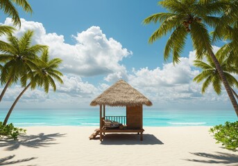 Tropical beach with palm trees and hut summer vacation scene