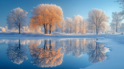 Winter serenity mirrored in a frozen lake, snow-laden trees under soft blue hues. Peaceful harmony of nature's quiet beauty.