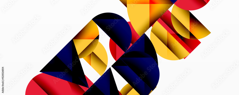Poster abstract geometric shapes overlap, creating dynamic composition. yellow, red, blue dominate white ba