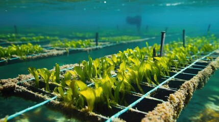 Close up of sustainable seaweed farming practices that use low-impact, ocean-friendly techniques to cultivate seaweed for food, biofuels, and carbon capture solutions