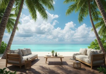 Tropical beach resort with ocean view and palm trees