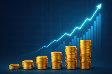 A glowing stock market graph rises sharply in the background, while neatly stacked golden coins