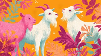 Fototapeta premium Goats and children art against a vibrant orange-fuchsia-mint Eid Adha background