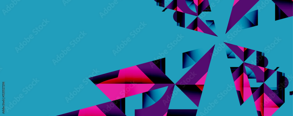 Poster abstract polygonal shapes, vibrant turquoise background. pink, purple facets create dynamic visual t