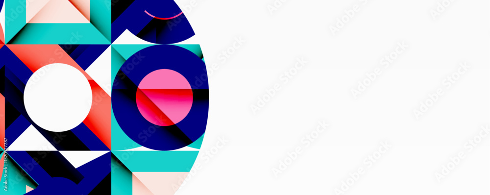 Poster Abstract geometric shapes, vibrant colors, modern design. Composition features overlapping layers, creating dynamic visual impact.