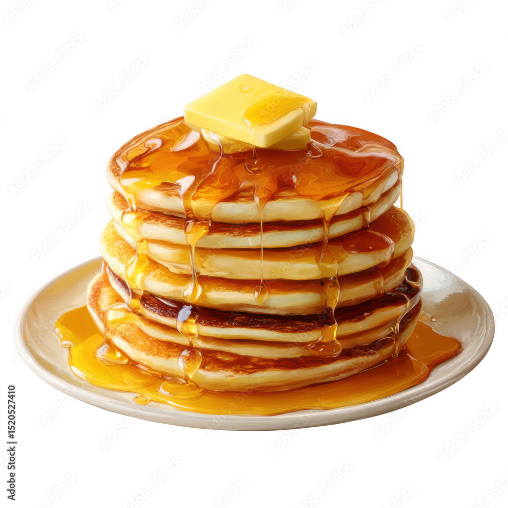 Poster stack of buttery pancakes with syrup isolated on transparent background