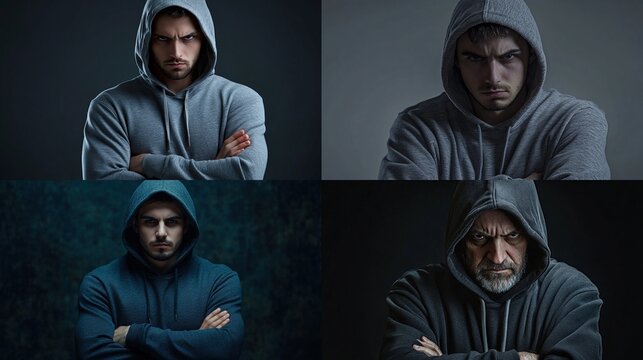 Four portraits of men in gray and dark hoodies, scowling with arms crossed