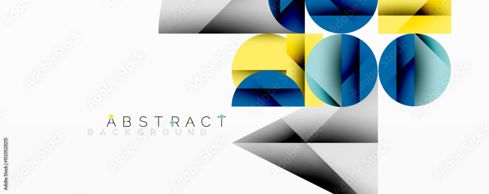 Poster Modern abstract design features overlapping geometric shapes. Blue, yellow, gray tones create dynamic composition. Minimalist style.