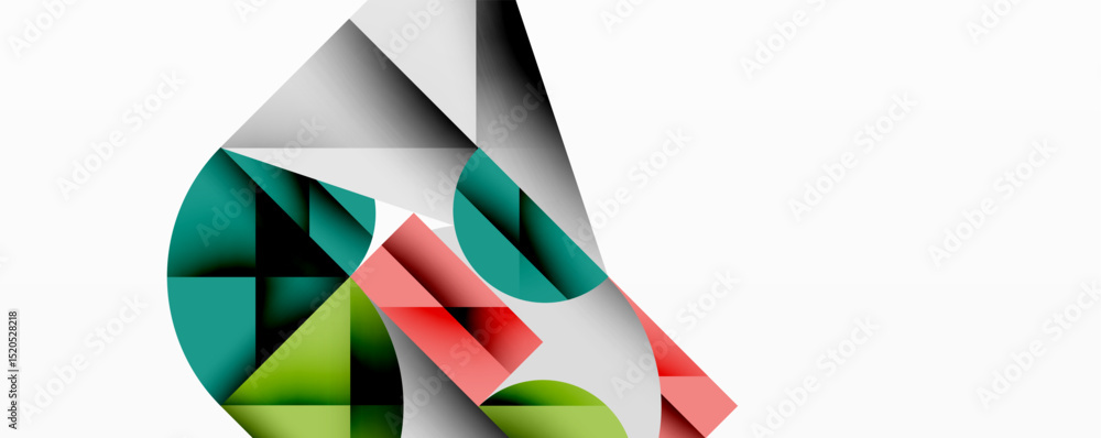 Poster Abstract geometric composition. Overlapping shapes create dynamic visual interest. Colors include green, red, gray, white. Minimalist design.
