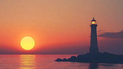 Lighthouse silhouette at sunset over tranquil waters.