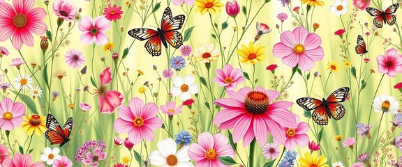 Vibrant summer floral pattern with delicate wildflowers, butterflies, and dragonflies on a seamless background,  spring,  flowers