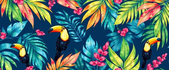 Vibrant watercolor palm leaves & toucans, tropical seamless pattern, illustration, summer