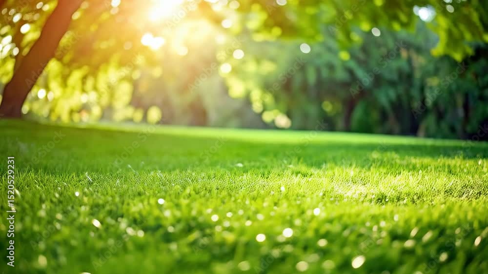 Poster sunlight filters through trees, casting a warm glow on vibrant green grass, creating a serene and in