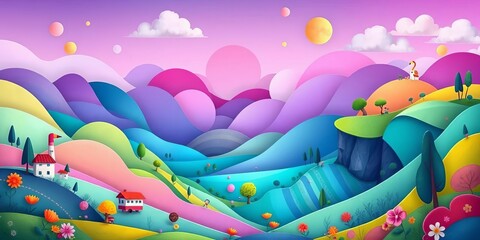 Whimsical layered cartoon landscape, vibrant hues, overlapping elements, playful style,  mountains,  adorable