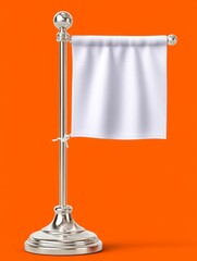 Blank White Banner on Silver Stand Against Orange Background