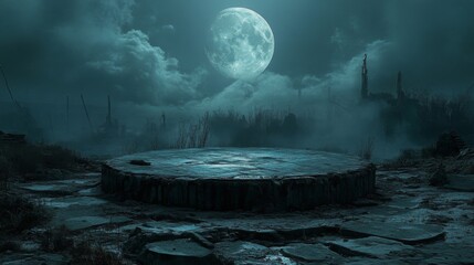 Circular Stone Platform in a Dark Mystical Night Landscape