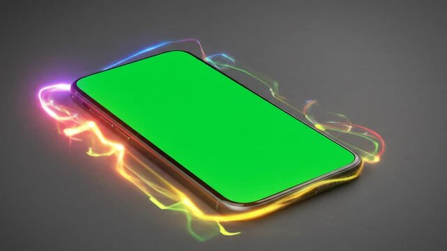Tech Display: Futuristic mobile phone with a glowing green screen, perfect for showcasing apps or content, enveloped by a dynamic energy aura against a dark background, offering ample copy space.
