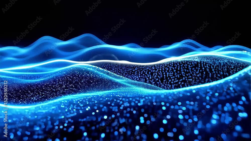 Poster abstract blue waves: glowing particle motion