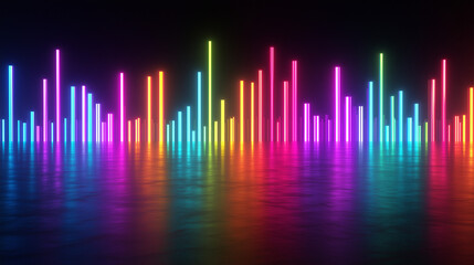 3d render of a vibrant, abstract representation of light waves in various neon colors against a dark background. Synthwave style music equalizer.