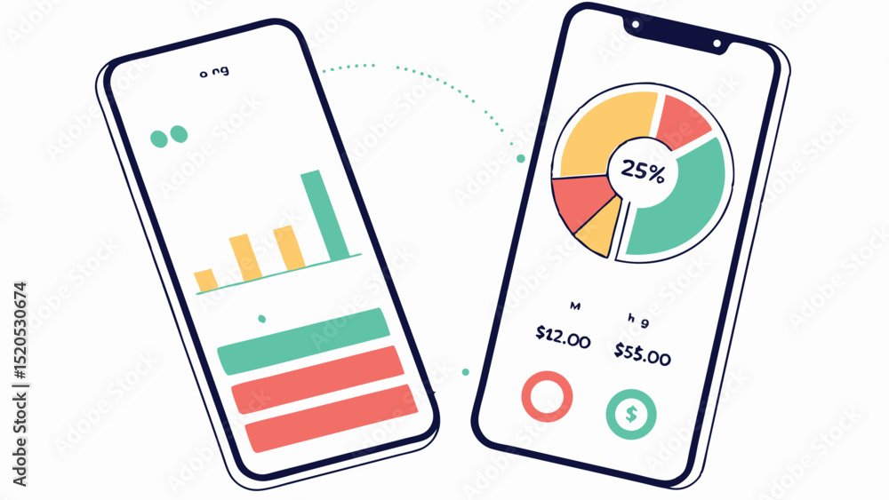 Poster mobile finance app data transfer and analytics with charts and graphs for business growth and invest
