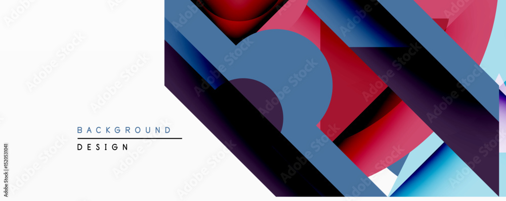 Poster Abstract geometric composition. Overlapping shapes create dynamic visual effect. Blue, red, purple gradients dominate design. Modern aesthetic suitable for backgrounds, presentations.